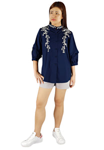 Embroidery Top in Navy-Tops-Elynn Reflection