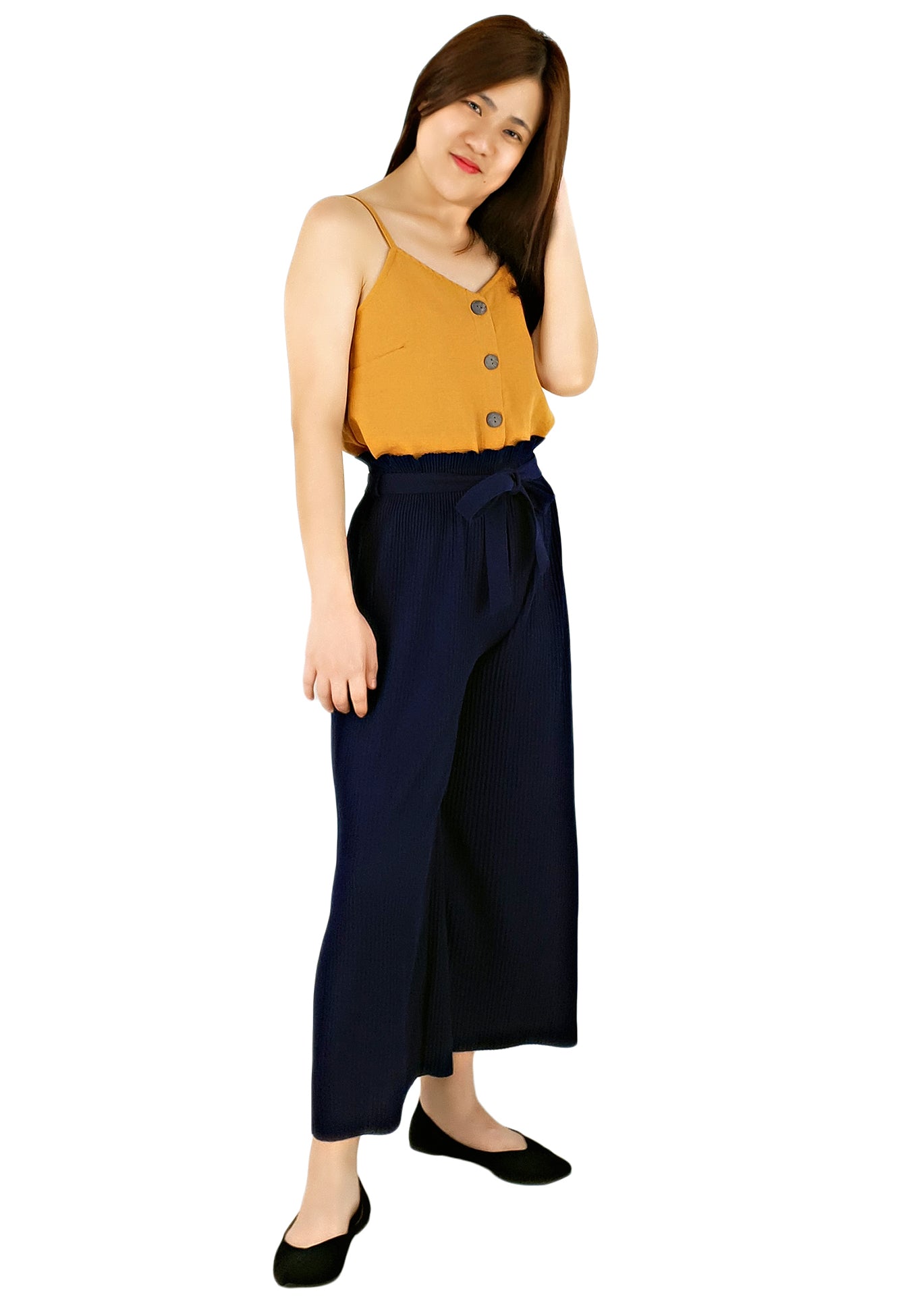 Pleated Paper Bag Pants in Navy-Pants-Elynn Reflection