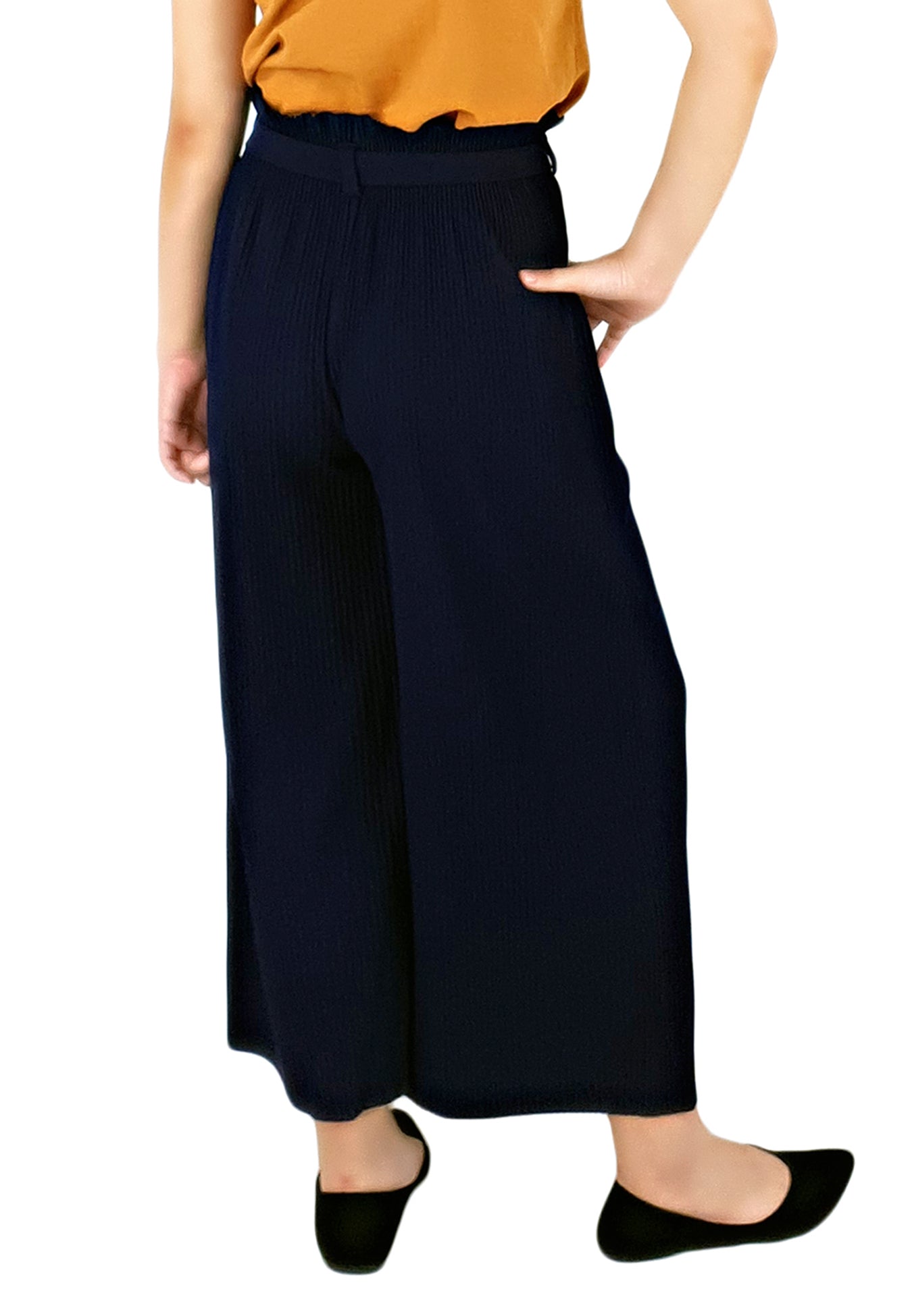 Pleated Paper Bag Pants in Navy-Pants-Elynn Reflection