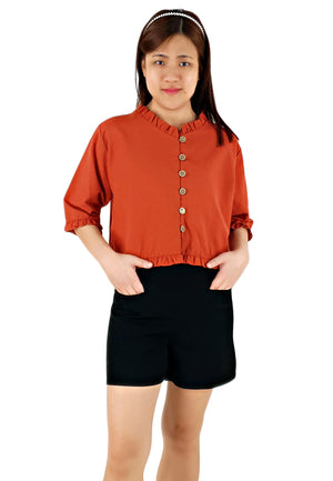 Ruffle Top in Rust-Tops-Elynn Reflection